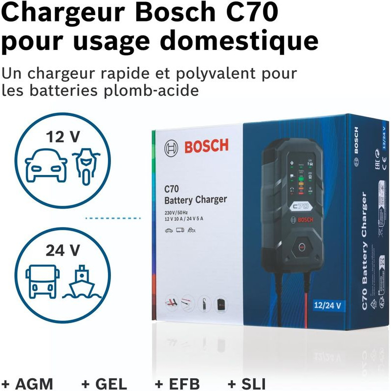 Chargeur de batterie automatique 12/24V 10A - BOSCH C70 (3)